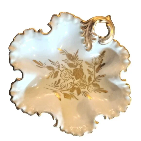 Vintage Kalk White German Porcelain Leaf Dish Floral Gold Trim 10.5" - Picture 1 of 2